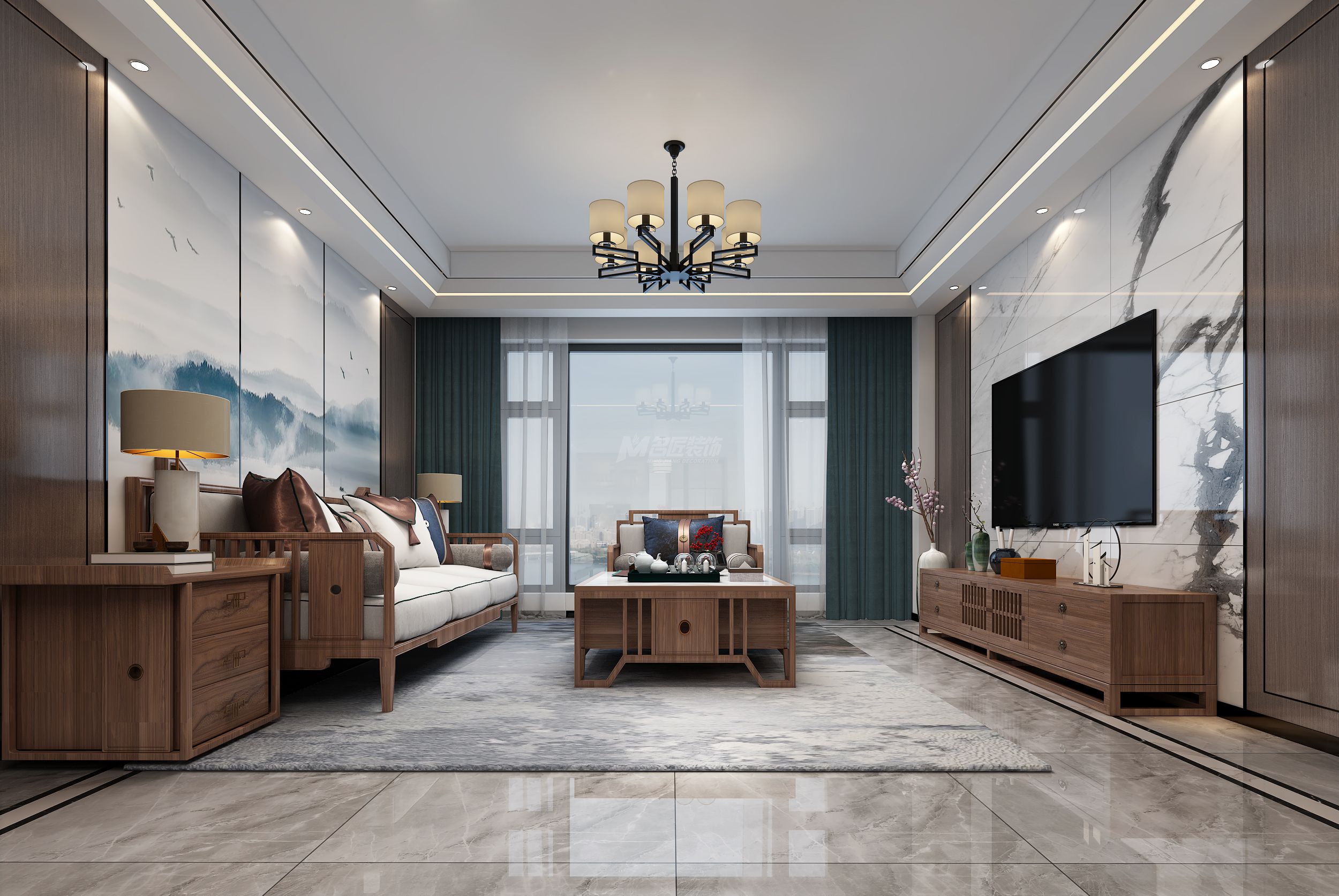 新加坡城190㎡客厅新中式装修风格效果图