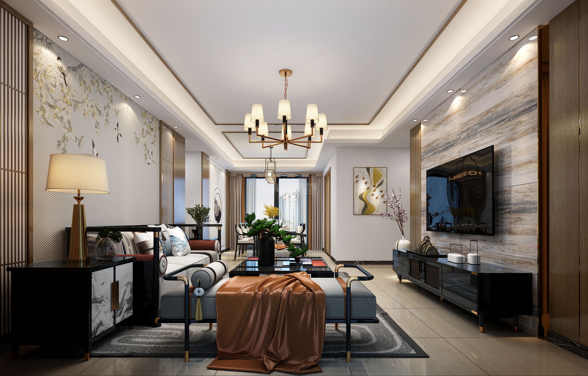 龙光玖珑府160㎡客厅新中式轻奢装修风格效果图