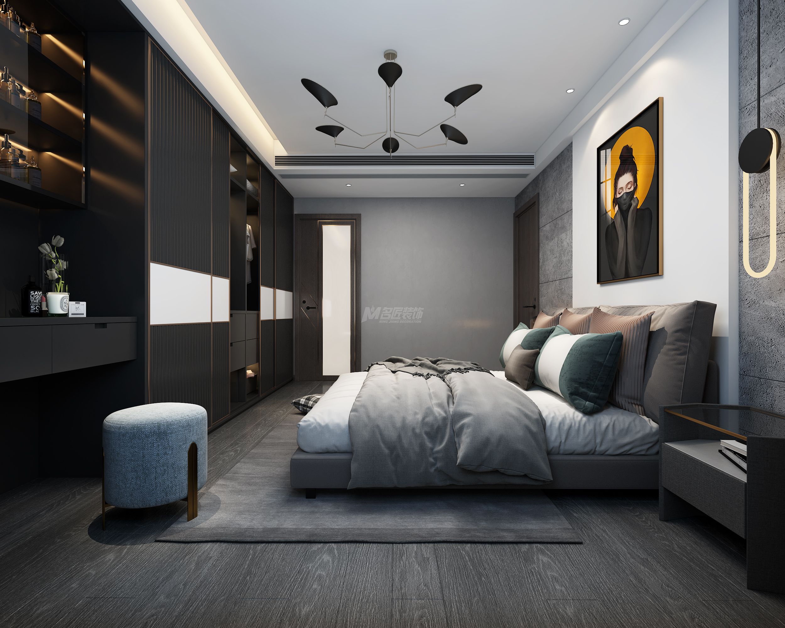 江山丽园160㎡主卧现代灰色极简装修风格效果图