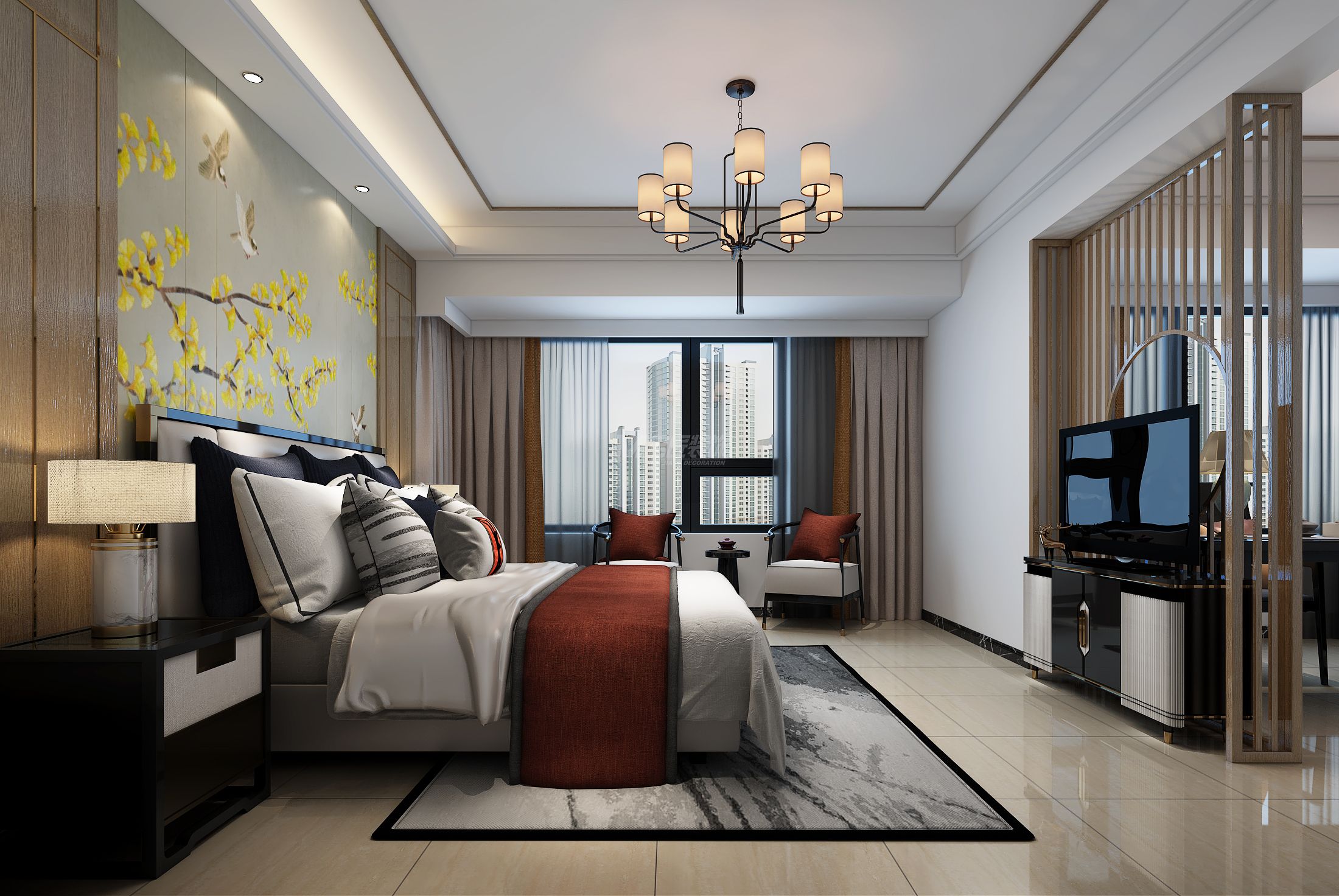 龙光玖珑府160㎡主卧新中式轻奢装修风格效果图