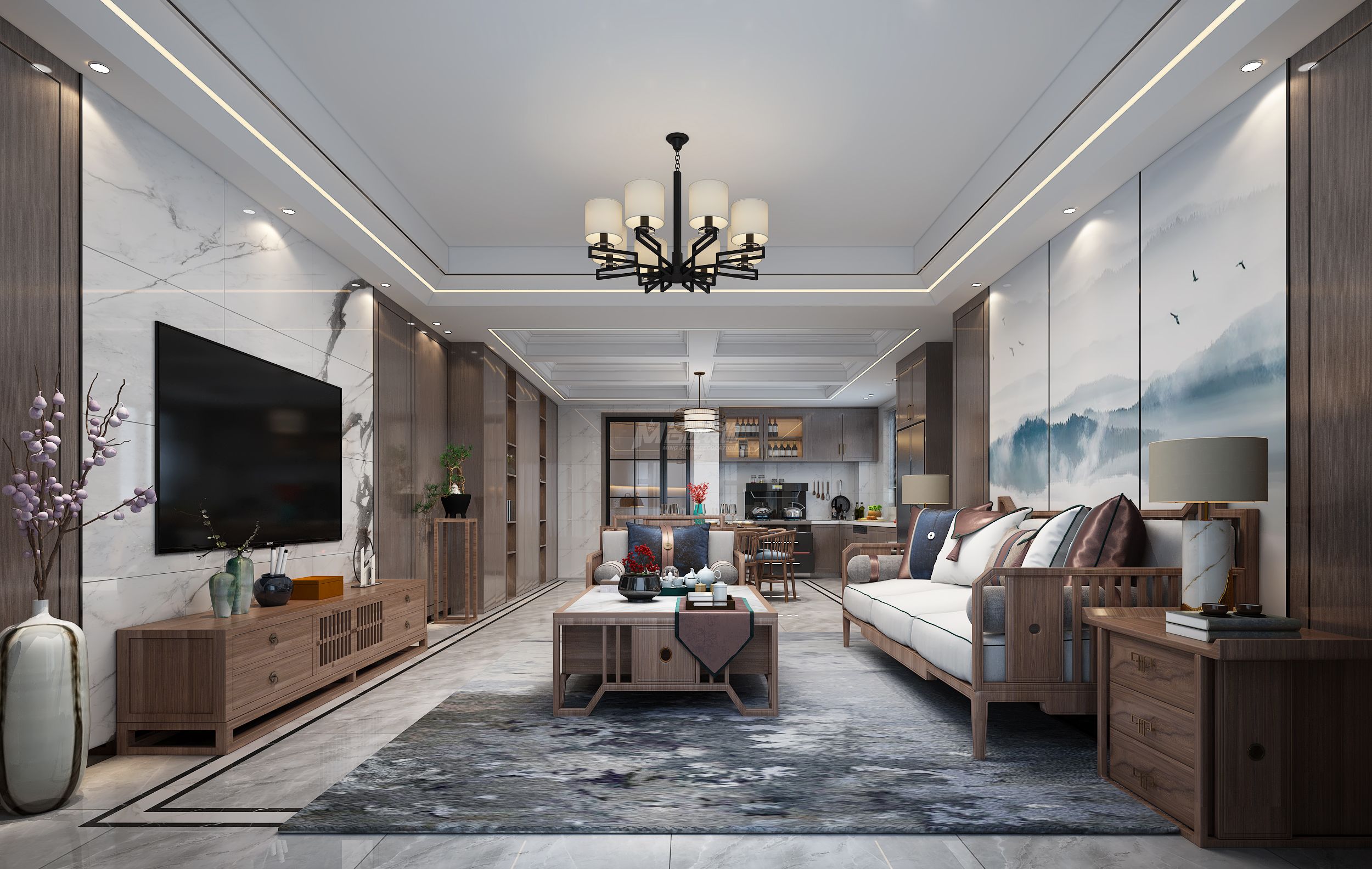 新加坡城190㎡客厅新中式装修风格效果图