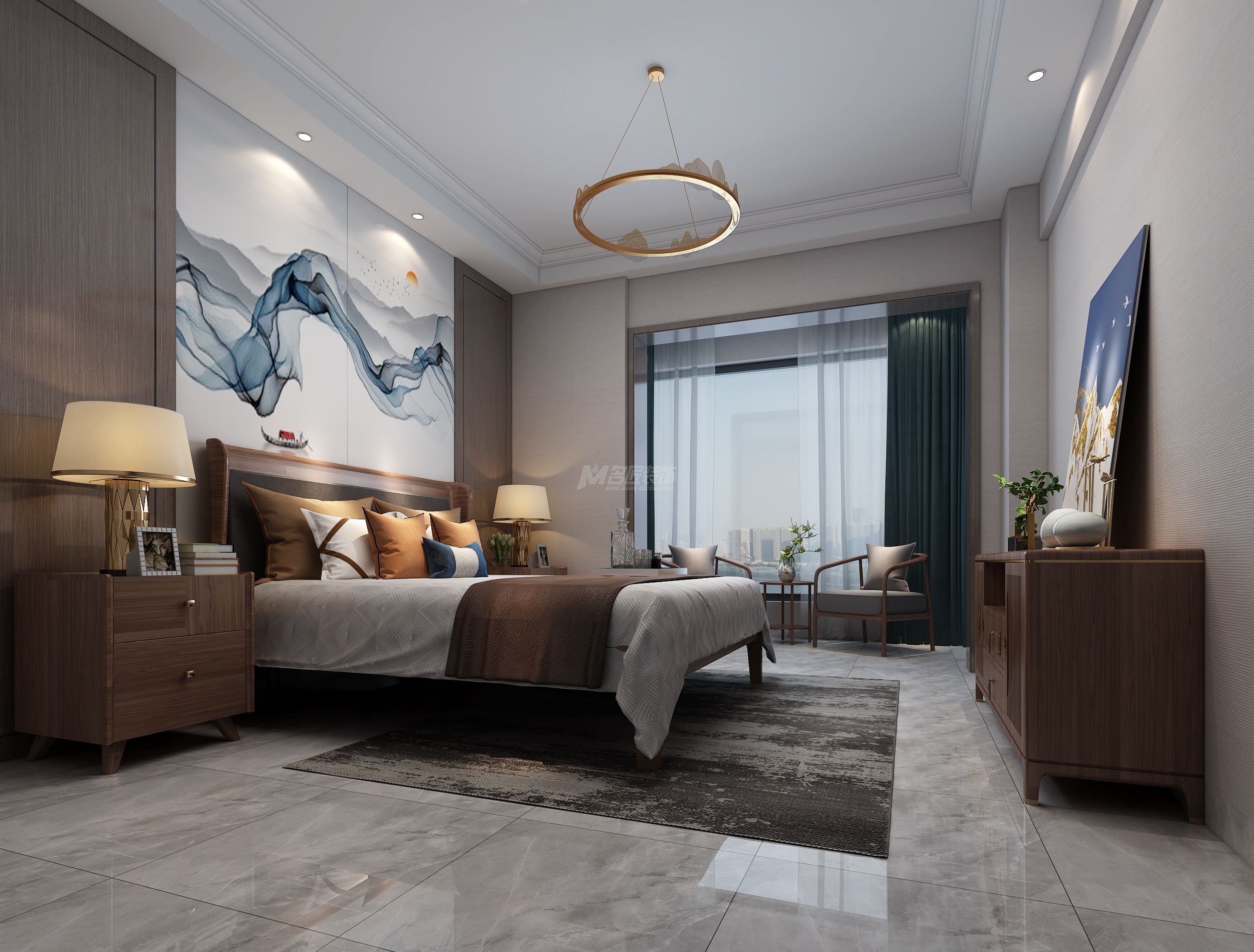 新加坡城190㎡主卧新中式装修风格效果图