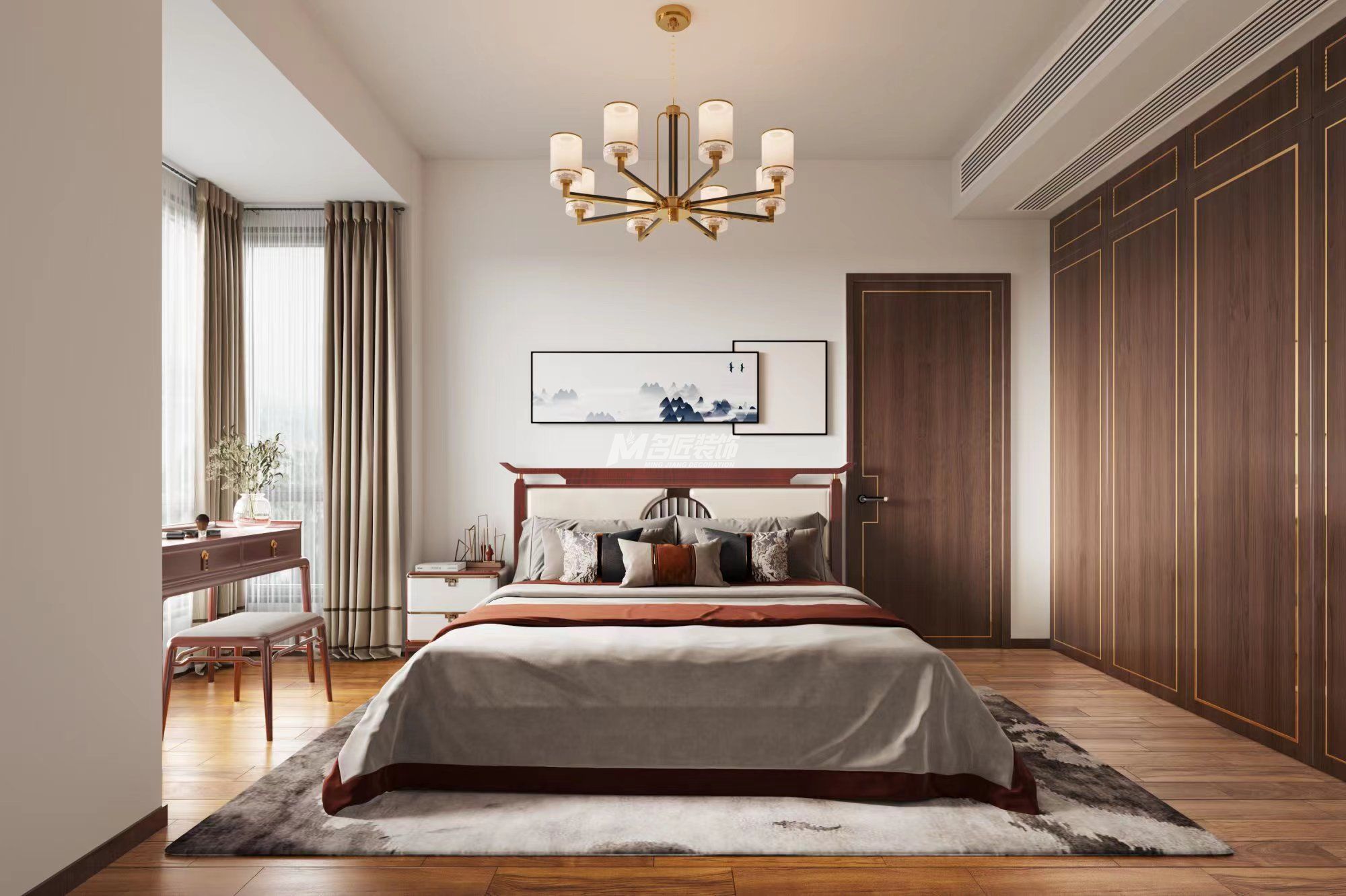 南宁东方尊府130㎡主卧新中式装修风格效果图