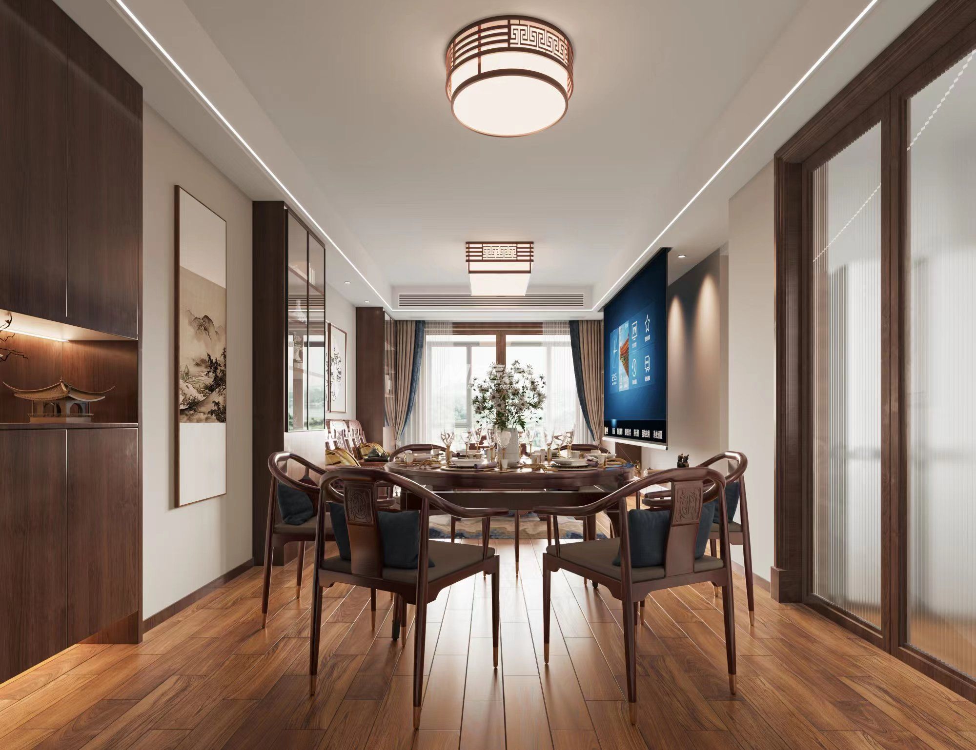 南宁东方尊府130㎡客餐厅新中式装修风格效果图